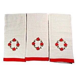 Poinsettia Hand Towels 3pc Cotton Embroidered Floral Red Green Holiday Gift NEW